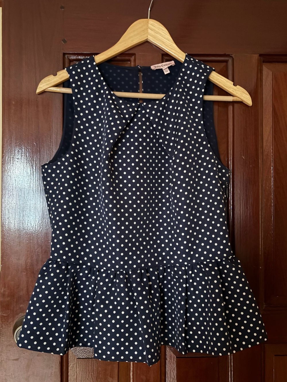 Juicy Couture Navy Blue Polka Dot Peplum Top